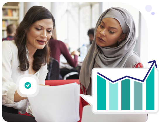 Two women looking at pieces of paper with interest and a graph overlayed on top to represent domain expertise that enable you to be successful