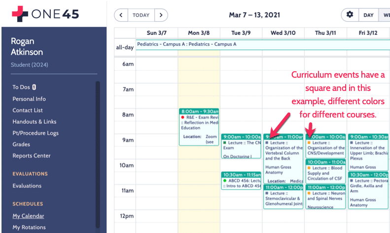 courses are color-coded in this calendar