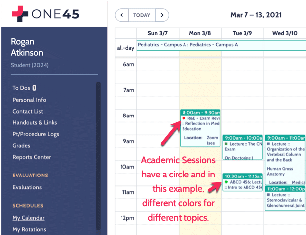 Calendar shows color-coded academic sessions