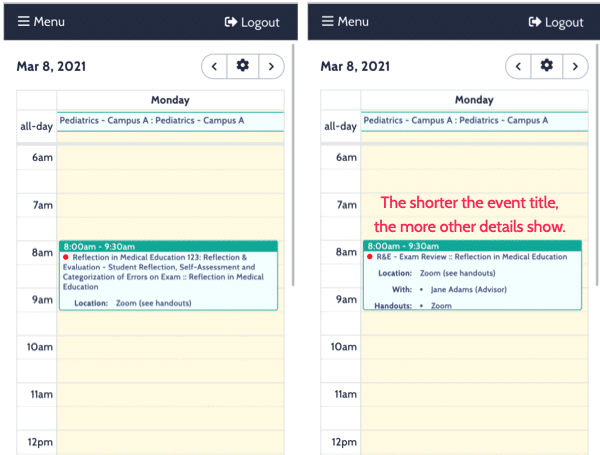 Calendar with shorter event title makes other details more visible