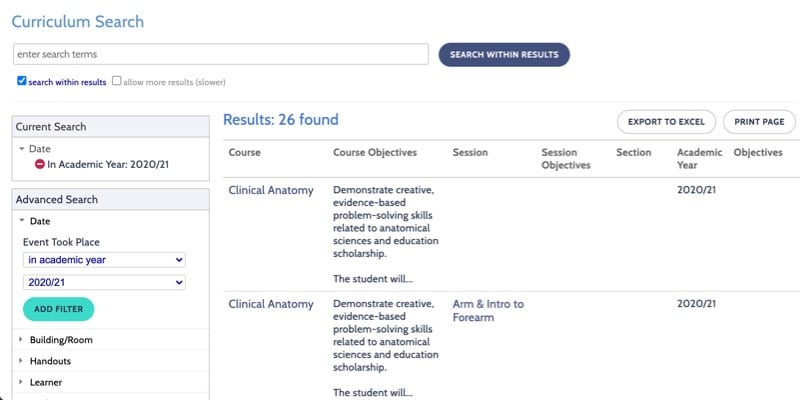 Using a keyword search to locate topics in your curriculum