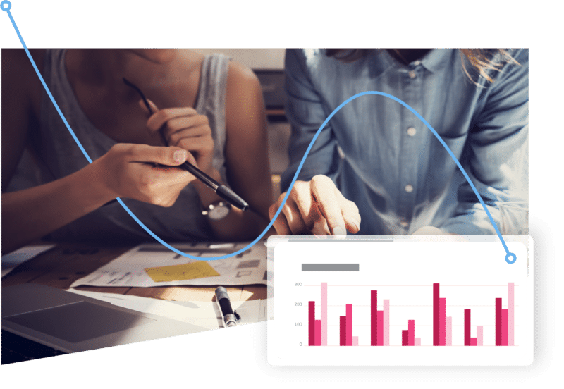 People look over a graph together amid changing climate in higher ed